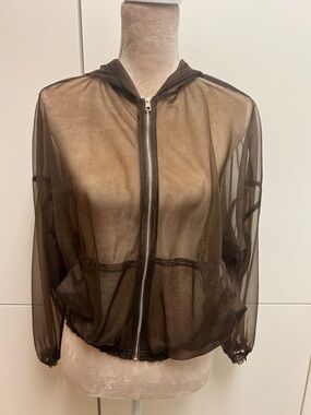 Organza Sheer Hooded Zip-Front Jacket in Brown